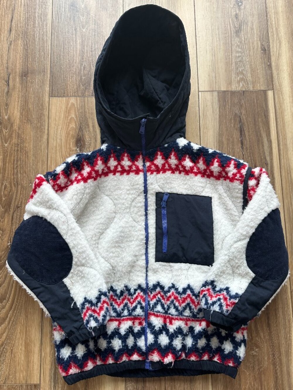 Zara Kids Fuzzy Fleece Hooded Lined Warm Jacket Corduroy Elbow Patches 8